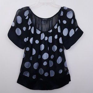 Karen Kane Sheer Black Top w/ Gray  Polka Dots.